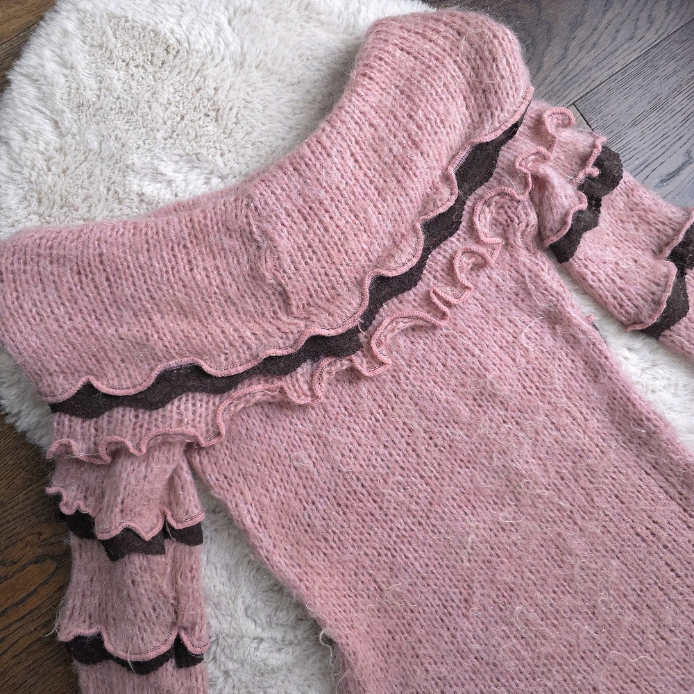Vintage Zone Bleue Ballet Fairy Rosette Off-Shoulder Ruffle Sweater Tunic Top - Picture 7 of 9